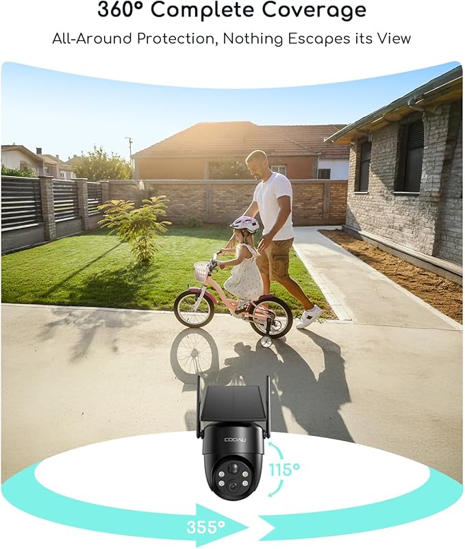COOAU Solar Security Cameras Wireless Outdoor – Low-Light Rechargeable, Easy to Install, 2K 360° Camera for Home Security, Surveillance Cam with AI Smart Detection, Color Night Vision, IP66, Alexa