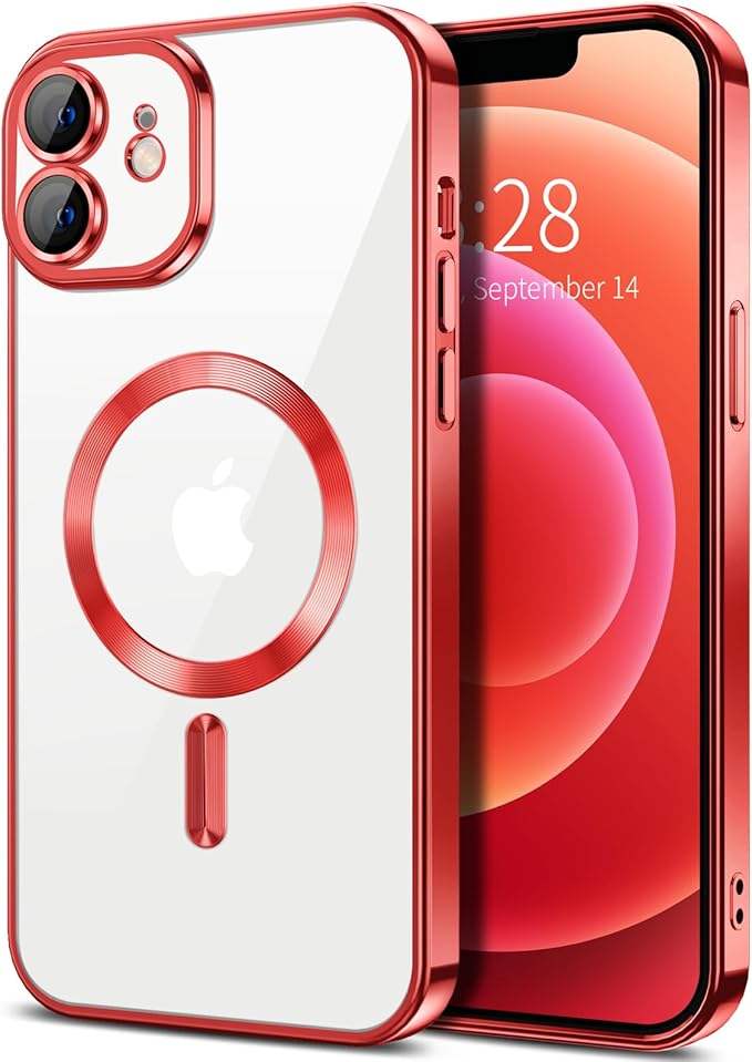 Hython Magnetic Clear for iPhone 12 Case with Camera Lens Protector [Compatible with MagSafe] Luxury Plating Edge Slim Soft TPU Cover Protective Phone Case for iPhone 12 6.1", Red