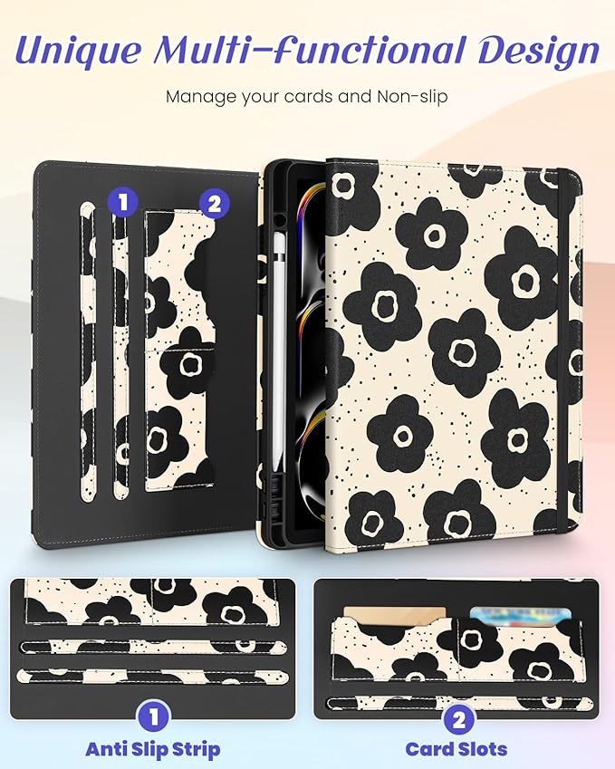 Kidcube for iPad Pro 13 Inch Case M4 2024 - Women Girls Cute Rotating Stand Folio Cover with Pencil Holder & Card Slot Black Floral Flowers Design for iPad Pro 13 Inch Case 2024 (A2925 A2926 A3007)