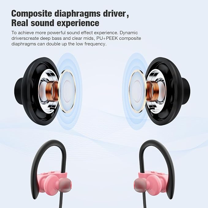JOYWISE Bluetooth Headphones, Wireless Headphones 16H Playtime Wireless Earbuds with Mic Stereo in-Ear Earphones, IPX7 Waterproof Sports Ear Buds Sound Isolation Headsets for Running, Workout Pink