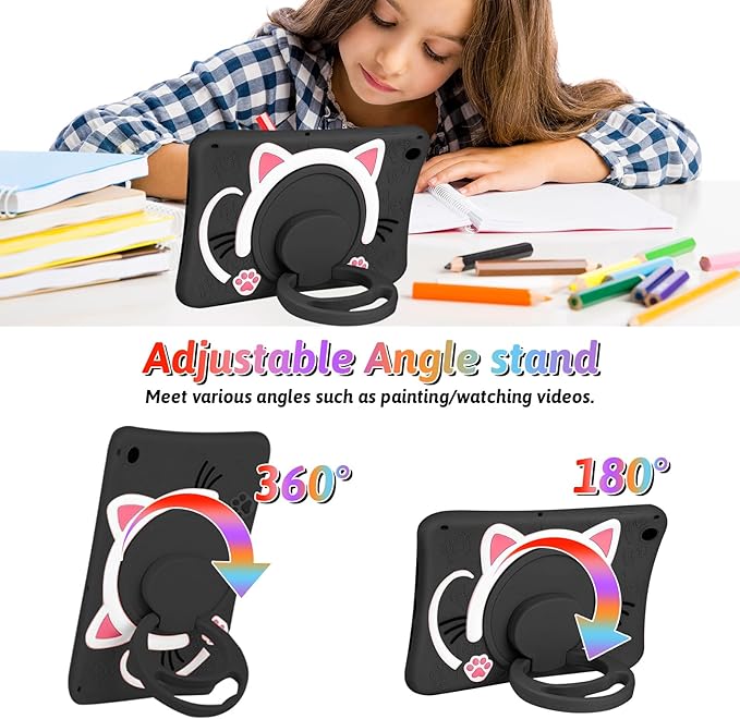 Dteck for iPad 10.9" 10th Generation Case Kids,Cute Cartoon 3D Unique Design Light Rotating Handle Stand Shoulder Strap Soft Silicone Funda Drop Rugged Shockproof Protective Kid-Proof Case,Black Cat