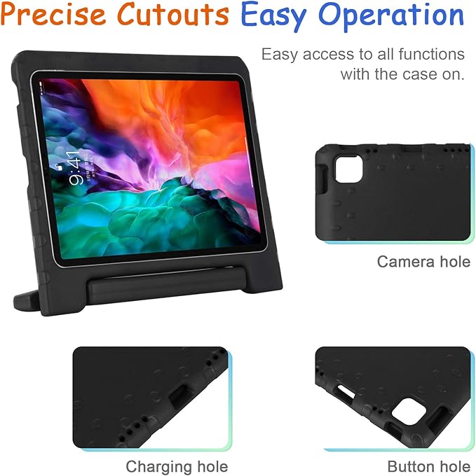 Kids Case for iPad Pro 11" 2022/2021/2020 (4th/3rd/2nd Gen), Techcircle [Support Pencil Charging] Handle Stand Lightweight EVA Foam Bumper Protective Rugged Drop Protection Child Proof Cover, Black