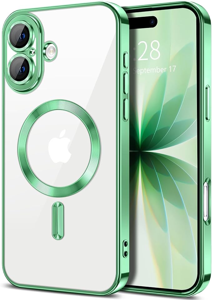 Hython Magnetic Clear for iPhone 17 Case with Camera Lens Protector [Compatible with MagSafe] Luxury Plating Edge Slim Soft TPU Cover Protective Phone Case for iPhone 17 6.3", Light Green