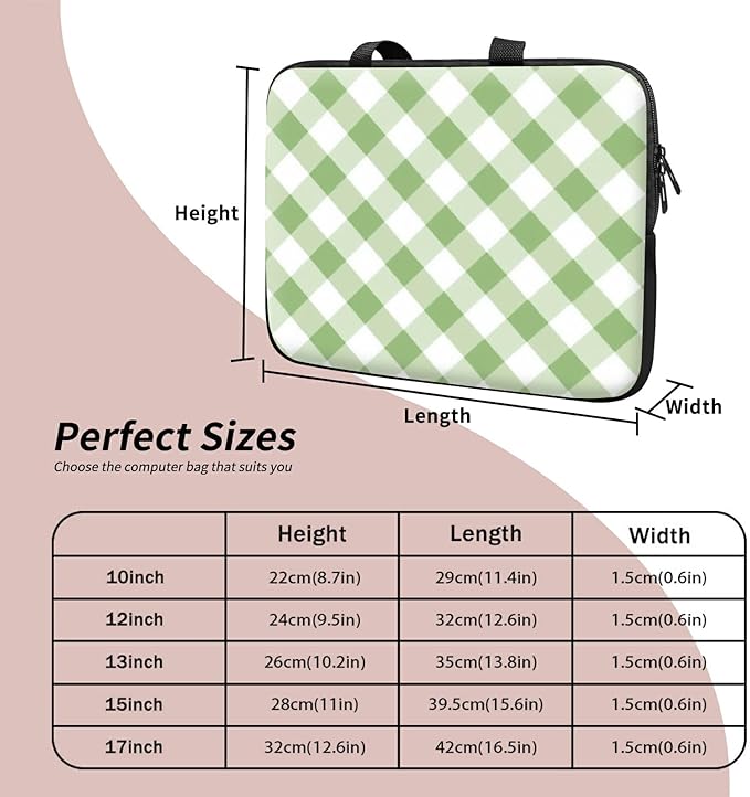 Universal Laptop Sleeve Tablet Case 12 inch, Green and White Checkered Slim Carrying Handbag Travel Laptop Bag for Surface Pro 9 8 7/Laptop Go 2 3, MacBook Air 11/12