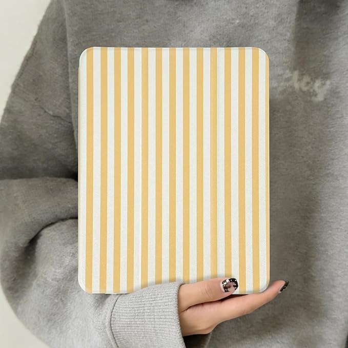 Lovmooful Compatible for iPad Air 6th 11-inch M2 (2024),iPad Air 5/4 (2022/2020 5th/4th Generation 10.9-Inch) Case with Pencil Holder Cute Striped Design Soft TPU Trifold Stand Protective-Yellow