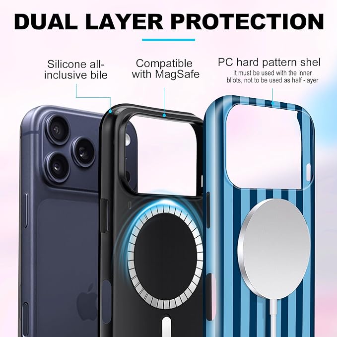 Magnetic for iPhone 17 Pro Max Case Cute Stripes Phone Case, Shockproof Slim TPU and Hard PC Protective Phone Cover Compatible with MagSafe Designed for Women Girls, Lake Blue
