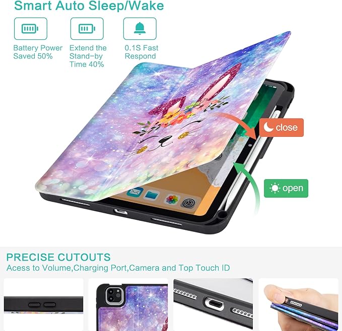 for iPad Air 11-inch Case, iPad Air 5th/Air 4th Gen Case with Pencil Holder for iPad Pro 11 Inch 4th/3rd/2nd/1st Multi-Angle View Adjustable Stand Auto Wake Sleep Galaxy Purple Rabbit