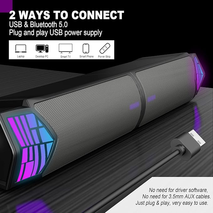 Smalody Computer Speakers for Desktop Gaming Monitor with RGB Lights, 2 in-1 Bluetooth PC Speakers Soundbar USB Powered, Can Be Split and Combined Freely