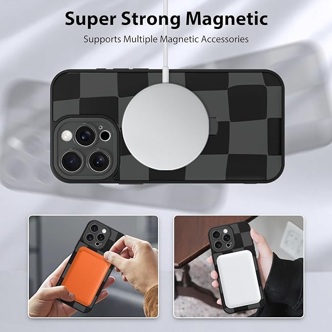 KANGHAR Compatible with iPhone 15 Pro Case, Support for MagSafe, Silicone Checkered Cute Pattern, Wristband Kickstand Camera Protection Soft Slim Cover for Girls Women -Black