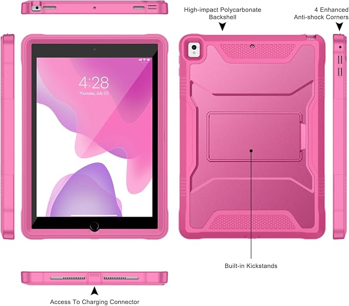 Soke Case for iPad 6th/5th Generation 9.7 Inch 2018/2017,with Built-in Screen Protector and Kickstand, Rugged Full-Body Heavy Duty Protective Cover for Apple iPad Air 2 /Pro 9.7 - Hot Pink