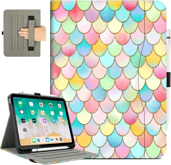 for iPad (A16) 11Th/10Th Generation Case 2025/2022, for iPad Case 11Th/10Th Generation, Fit iPad 10Th/11Th Gen Cover Pencil Holder/Hand Strap/Pocket/Adjustable Stand, Pink Fish Scale