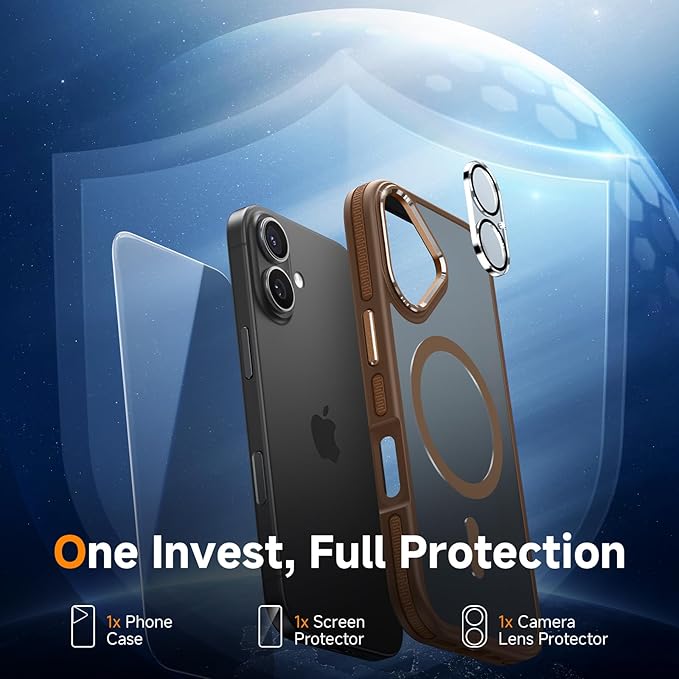 Magnetic 3 in 1 for iPhone 17 Case, [Omni-Directional Protection] with 1x Screen Protector + 1x Camera Cover, [Seamless Work with Magsafe] Translucent Protective Silm Phone Case for iPhone 17 Brown