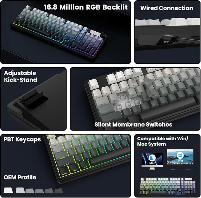 GEODMAER G98 Gaming Keyboard, 99 Keys Silent Wired Keyboard with Number Pad & Knob, RGB Backlit, Side Printed PBT Keycaps, Anti-ghosting, Water Repellent Computer Keyboards for PC Mac Laptop Gamer
