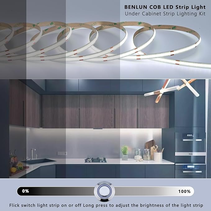 BENLUN 12V COB LED Under Cabinet Strip Lighting Kit 32.8ft, 6000K Cool White Cuttable LED Tape Lights 8W/M CRI 93 320LEDs/M with Dimmer and Power Supply for Kitchen Bookcase Shelf Display