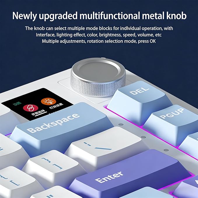 FKZ K75 Mechanical Keyboard with Knob Screen,75% Hot Swap Tri-Mode Bluetooth 5.0/2.4G Wireless/Type-C Wired RGB Gaming Keyboard PCB Gasket Mount Custom Creamy Blue&White Keyboard