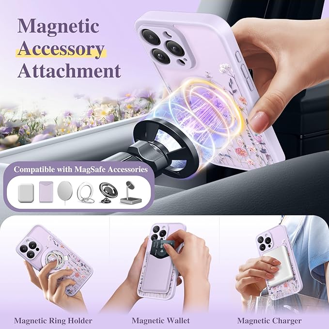 GVIEWIN for iPhone 15 Pro Case Compatible with MagSafe, [Military Grade Protection] [Screen Protector] Full Camera Protection Floral Translucent Women Magnetic Phone Case, Floratopia/Colorful