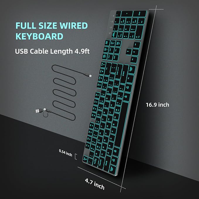 POWZAN Wired Backlit Keyboard for Windows/Mac,Aluminum Slim & Quiet Full Size Keyboards Light Up with USB A/USB C Dual Interface,Compatible with iMac,MacBook,iPad,Laptop,PC-Gray Black (Gray Black)