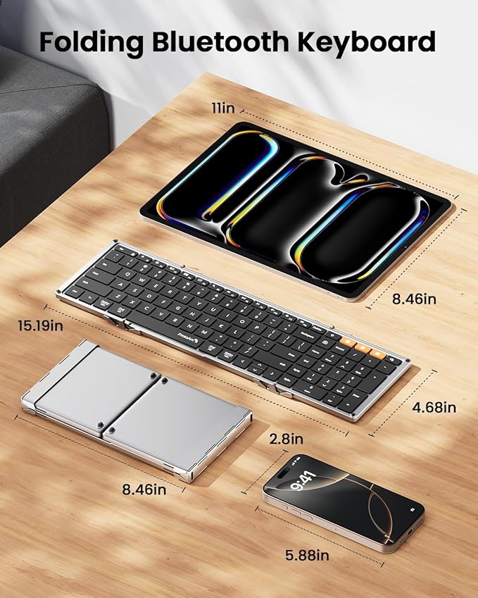 ProtoArc Foldable Bluetooth Keyboard, XK01 Full-Size Portable Keyboard for Travel, 105 Keys, 0.65" Keycaps, Multi-Device Sync for iPad Tablet Smartphone Laptop PC Windows iOS Android, Black Silver