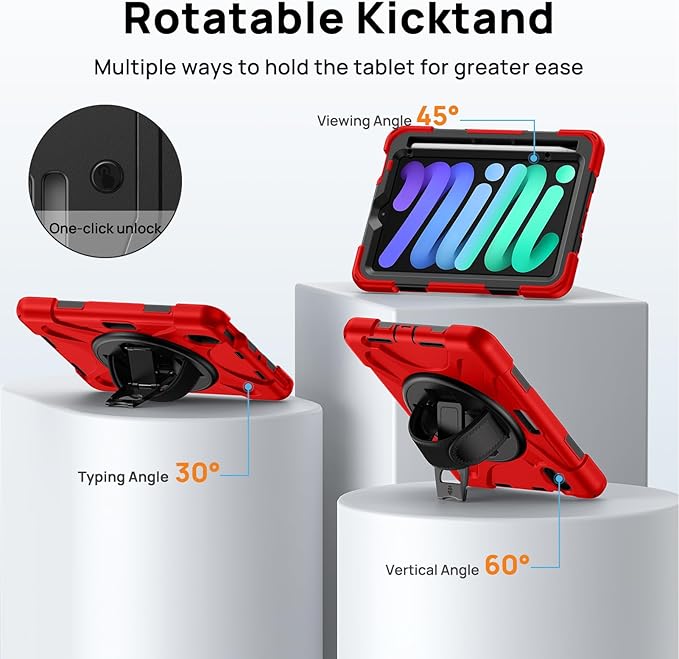 Gerutek Case for iPad mini 7 (A17 Pro) 2024/Mini 6 2021 8.3 inch, Shockproof Cover for iPad mini 7/6th Generation with Screen Protector, 360° Rotating Stand, Hand/Shoulder Strap, Pencil Holder-Red