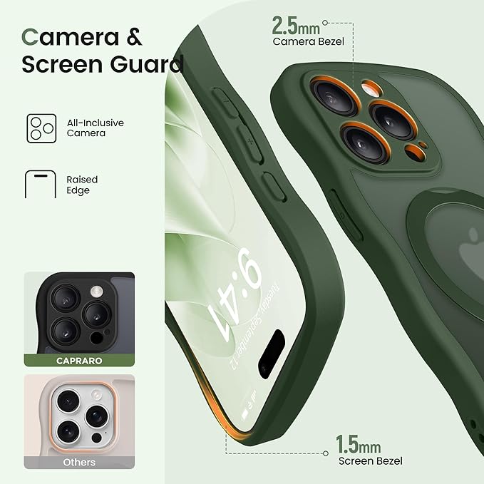 CAPRARO for iPhone 14 Pro Case with 360° Spin Magnetic Stand for Women, [Compatible with MagSafe] [Full Camera Protection] Cute Wave Translucent Matte Case for iPhone 14 Pro,Dark Green