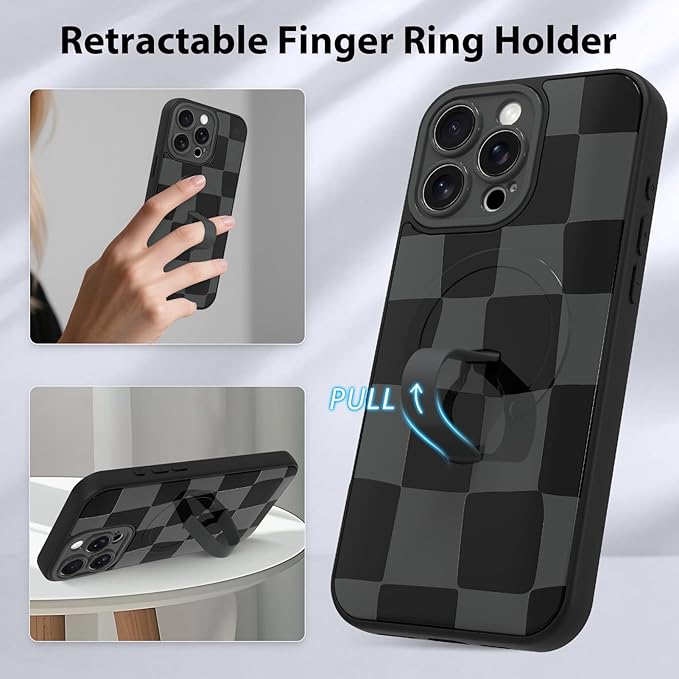 KANGHAR Compatible with iPhone 16 Pro Case, Support for MagSafe, Silicone Checkered Cute Pattern, Wristband Kickstand Camera Protection Soft Slim Cover for Girls Women -Black