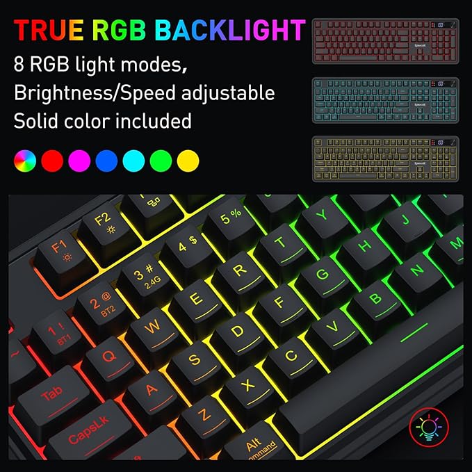 Redragon K526 PRO RGB Wireless Membrane Gaming Keyboard, 104 Keys Mechanical-Feel Keyboard w/LED Info Display, Media/Backlit Knob Control, Smooth Linear Switch & Software Supported