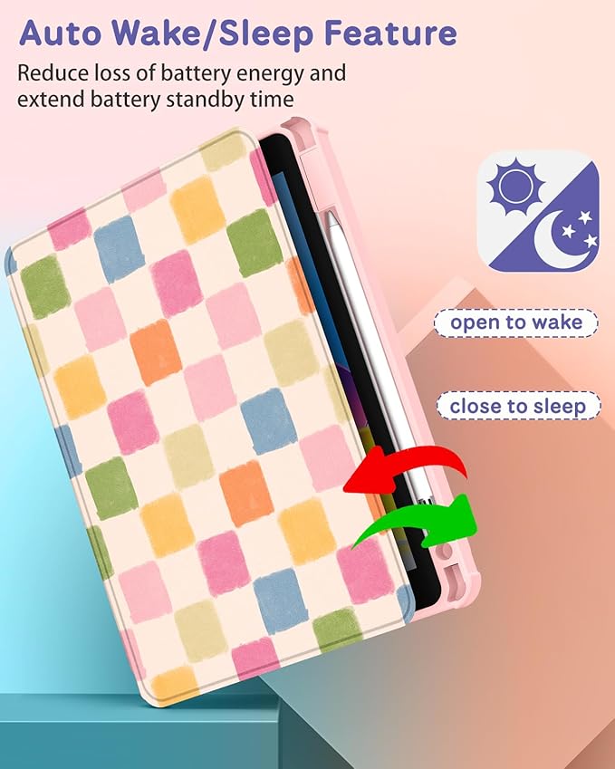 Uppuppy for iPad A16 Case for iPad 10th Generation Case 10.9 inch - 360 Degree Rotating Stand Folio Smart Cover with Pencil Holder for Women Girls, Colorful Checkered for Apple 10th 2022/11th 2025