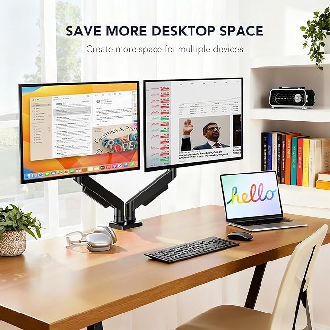 Dual Monitor Stand Adjustable Monitor Desk Mount for 17″–32″ Computer Screens, Full Motion VESA Pattern 75x75/100x100 with C-Clamp & Grommet Aluminum Base, Each Arm Holds 4.4 to 20 lbs HD09B-201
