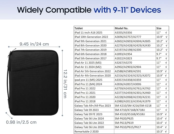 TiMOVO 9-11" Tablet Sleeve Bag for iPad 11-inch A16 2025, iPad 10.9"/10.2"| Air 11 Inch/5th/4th Gen. 10.9", Galaxy Tab A9+/A11Plus 11", Protective Bag with Pockets, Black