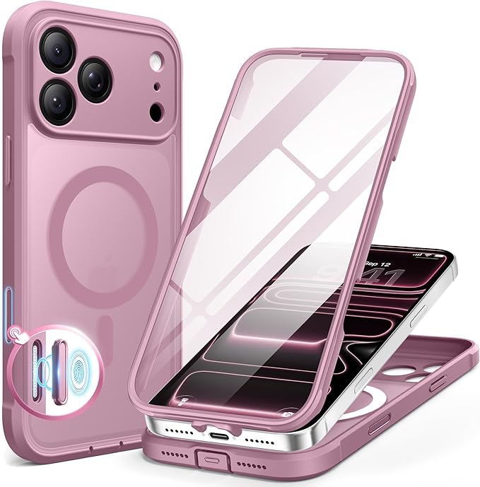BERFY for iPhone 17 Pro Max Case, Compatible with MagSafe, Built-in Glass Screen Protector, Camera Protection, Shockproof Full Body Phone case 6.9", Translucent Palevioletred