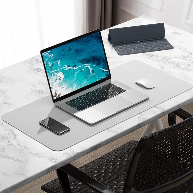 Hsurbtra Desk Pad, 30" x 14" PU Leather Desk Mat, XL Extended Mouse Pad, Waterproof Desktop Blotter Protector, Non-Slip Ultra Thin Large Laptop Keyboard Writing Mat for Office Home, Gray