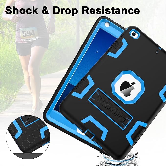 CCMAO iPad mini 5 Case 2019, iPad mini 4 Case 2015, Heavy Duty Shockproof Hybrid Protective Cover for iPad mini 5th/4th Generation 7.9 inch, Black+Sky Blue