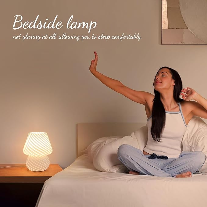 ONEWISH Mushroom Lamps Set of 2 - Small Bedside Table Lamp with Striped Glass, Nightstand Lamp for Bedroom, Living Room, Bulb Included(White)