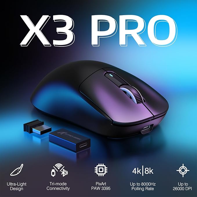 MANBASNAKE Attack Shark X3 Pro 4K/8K Hz Mouse, 59g Superlight BT/2.4G Wireless/Wired Gaming Mouse, PixArt PAW3395 Gaming Sensor, 26000 DPI, Programmable Buttons for Win11/Xbox/PS/Mac(Black)
