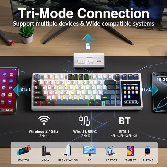 Aula L99 Wireless Mechanical Keyboard with Smart Touch Screen,Tri-Mode Hot Swappable Custom Gaming Keyboard,RGB Backlit,PBT Keycap,Gasket Mount Creamy Sounding Computer Keyboards for Office PC,84 Keys
