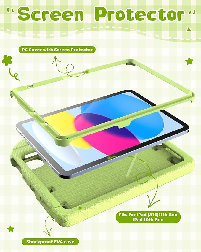Kids Case for iPad A16 11th Gen 11-Inch 2025 & iPad 10th Generation (10.9" 2022), Durable Shockproof Fully-Body Cover with Screen Protector/Pencil Holder/Stand/Handle for Kids, Light Green