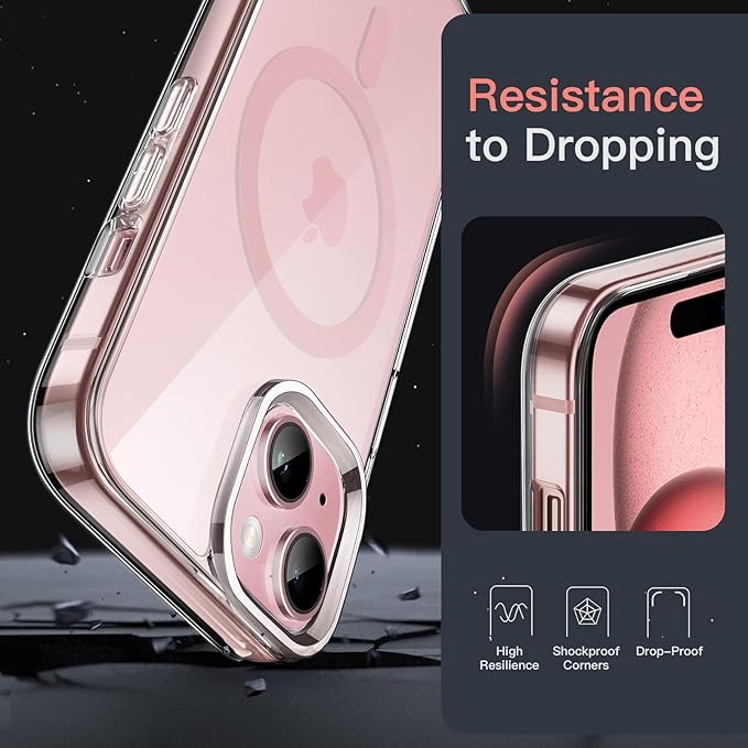 JETech Magnetic Case for iPhone 15 6.1-Inch Compatible with MagSafe Wireless Charging, Shockproof Phone Bumper Cover, Anti-Scratch Clear Back (Clear/Pink)