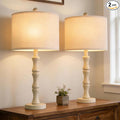 BOBOMOMO 25" Farmhouse Bedside Lamps Set of 2, Vintage Nightstand Lamps with Antique White Resin Base & Linen Shade, Standard Table Lamps for Bedroom, Living Room, End Table & House Décor