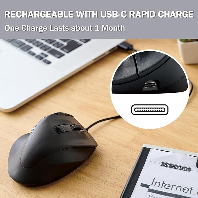 ELECOM EX-G PRO Ergonomic Mouse, Multi-Device Bluetooth or Wireless USB, Silent Click 8 Button, 1000/2000 DPI, Rechargeable, High-Speed Scroll Tilt, for Windows, macOS, Laptop, PC, Tablet (Large)