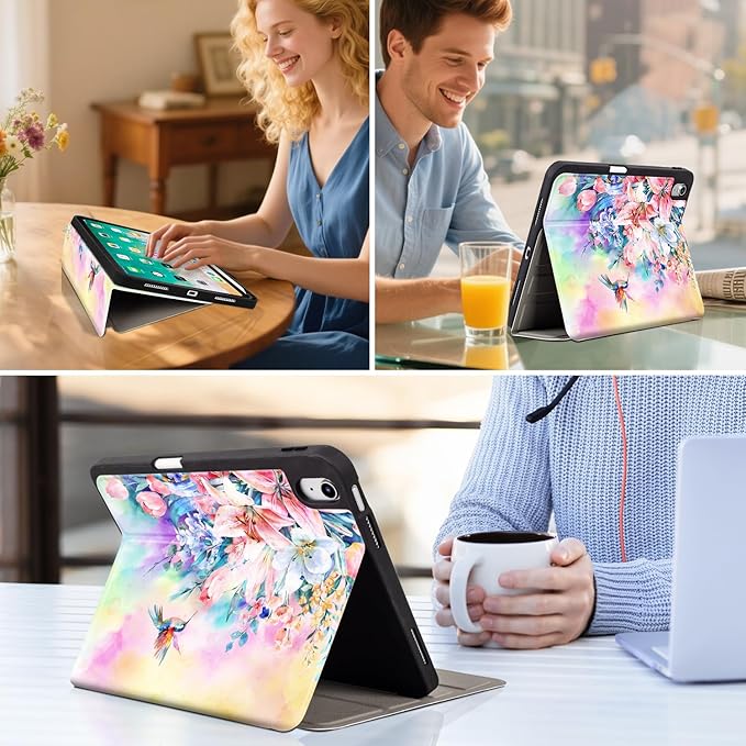 Vimorco for iPad A16 Case 11-inch 2025, for iPad (A16) 11th/10th Generation Case Pencil Holder, Typing Stand & 4 Viewing Angles, Faux Leather Slim Cover, Auto Sleep/Wake, Hummingbirds and Lilies