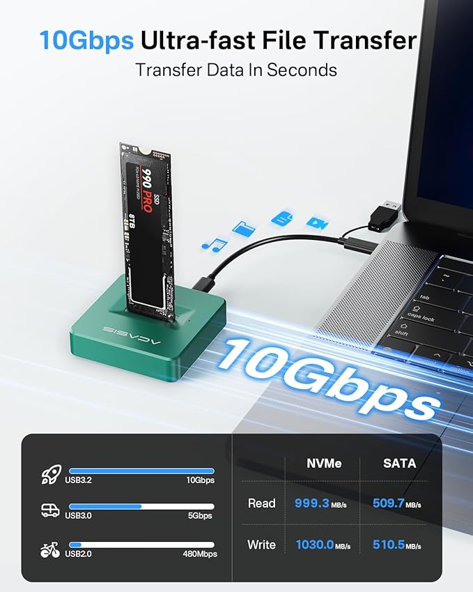 ACASIS NVME to USB Docking Station, Aluminium Alloy Housing Fast Heat Dissipation, M.2 to USB Adapter 10Gbps, NVME SSD Reader Adapter Support M.2 (M Key) NVMe SSD and (B+M Key) (Green)