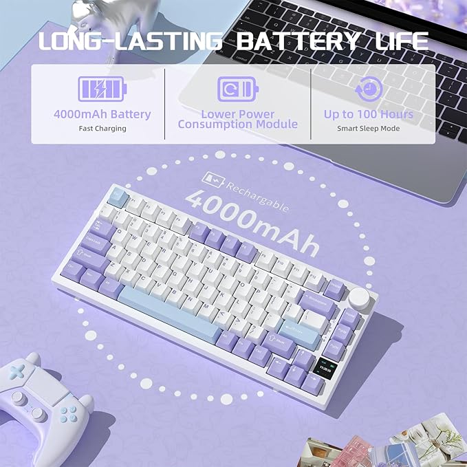 Attack Shark ajazz AK820 Pro Wireless Mechanical Gaming Keyboard TFT Display &Knob Hot Swappable Bluetooth 5.1/2.4G hz/Type-C Gasket-Mounted RGB Backlit Custom Keyboard for PC/Win(Purple/Gift Switch)