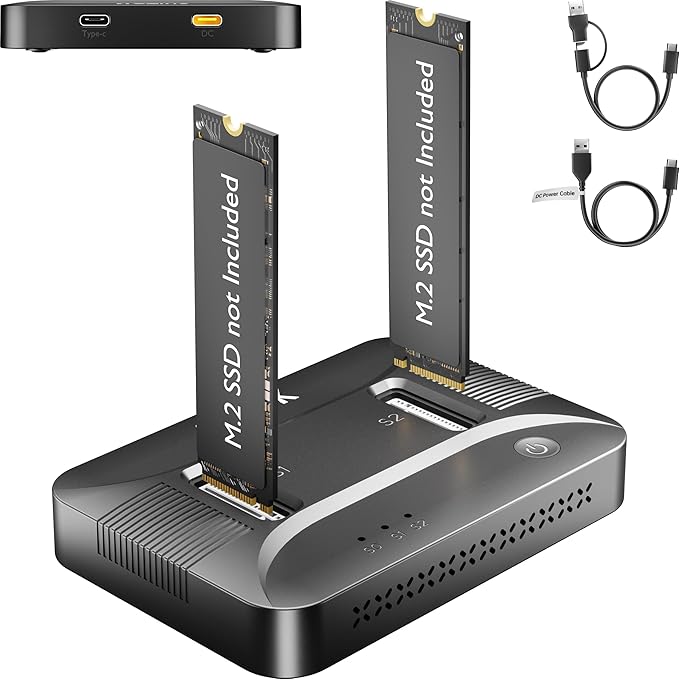 Dual-Bay NVMe M.2 SSD Reader 10Gbps USB C 3.2 Gen 2 Adapter Docking Station for 22110 2280 Gen4 PCIe Hard Drive 16TB External Enclosure Tool-Free Hot-Swap Black for PC PS5 Laptop - STK07 Lite