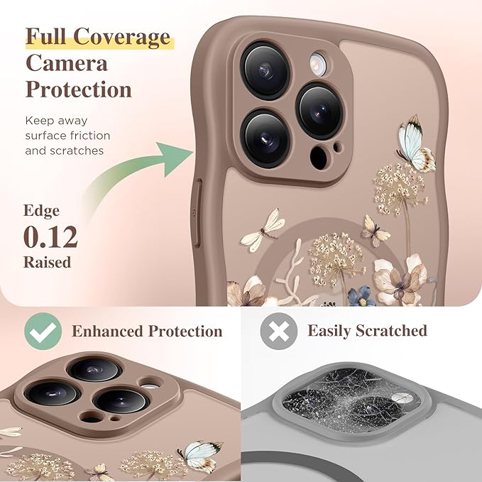GVIEWIN for iPhone 15 Pro Case Compatible with MagSafe [Curly Wave Edge][Full Camera Protection] Floral Translucent Shockproof Magnetic Women Phone Case for iPhone 15 Pro 6.1'', Autumnflit/Brown