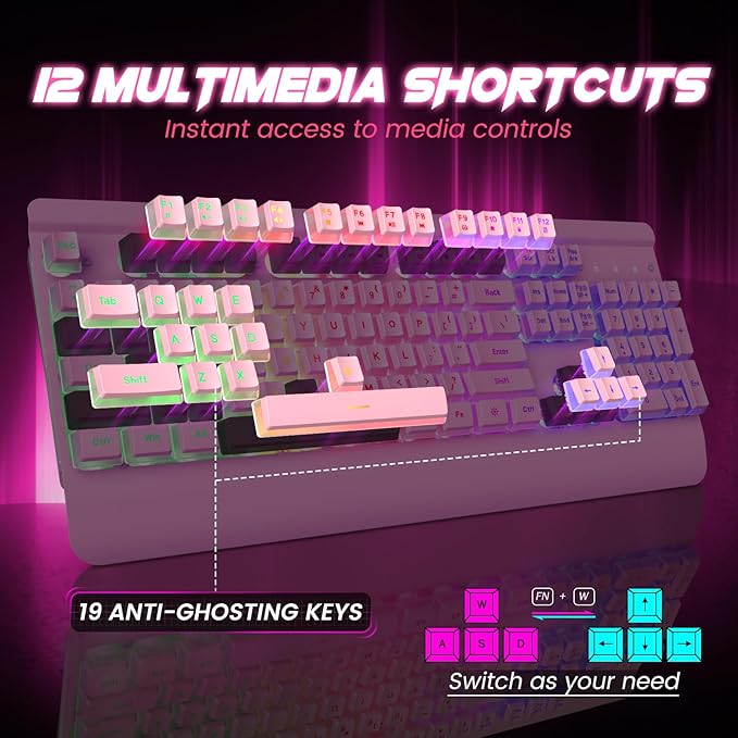 Pink Creamy Keyboard, 104 Keys All-Metal Panel, Rainbow LED Backlit Silent Gaming Keyboard, Wrist Rest, PBT Keycap, Anti-ghosting Keys, Light Up USB Wired Computer Keyboard for PC