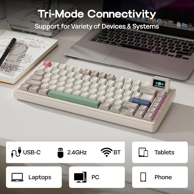 EPOMAKER RT82 Wireless Mechanical Keyboard with Screen, VIA Custom, 2.4GHz/USB-C/BT5.0, RGB Backlit, Gasket, 5-Paddings, PBT Keycaps, Hot-Swap Retro Gaming Keyboard (Creamy Jade)