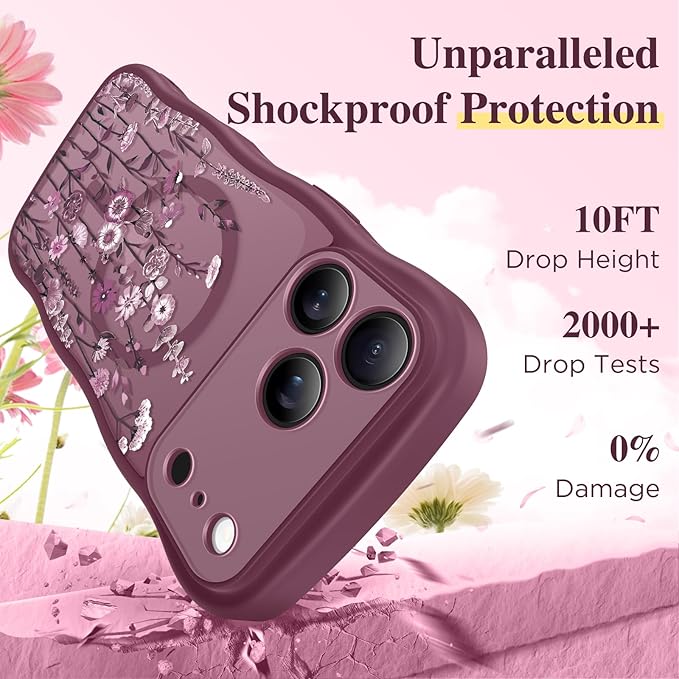 GVIEWIN for iPhone 17 Pro Case Compatible with MagSafe [Curly Wave Edge][Full Camera Protection] Floral Translucent Shockproof Magnetic Women Phone Case for iPhone 17 Pro 6.3'', Floratopia/Burgundy