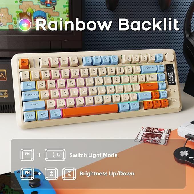 FREEWOLF M75 Wireless Mechanical Feel Gaming Keyboard Bluetooth/2.4Ghz Membrane with Knob & OLED Display Rainbow Backlit Gradient PBT Keycaps 2000mAH Battery Anti-Ghosting-Blueberry