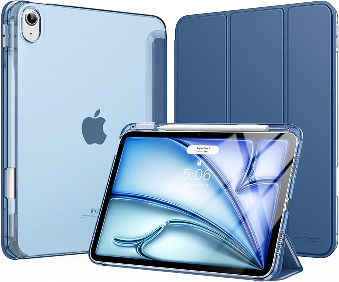 MoKo for iPad Air 11 inch Case (M4/M3/M2) 2026/2025/2024, iPad Air 5th/4th Gen 10.9 inch Case 2022/2020 with Pencil Holder, Slim Light Trifold Cover with Hard PC Translucent Back Shell, Dark Sea Blue