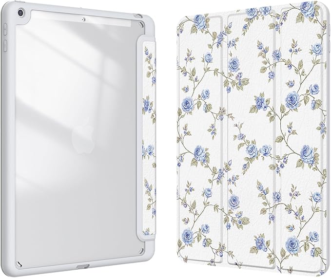Case for iPad 9th / 8th / 7th Generation (2021/2020/2019) 10.2 inch, Case with Pencil Holder, Stand Clear Back Cover Cute Cool Design for Women Girls, Auto Sleep/Wake, Blue Rose